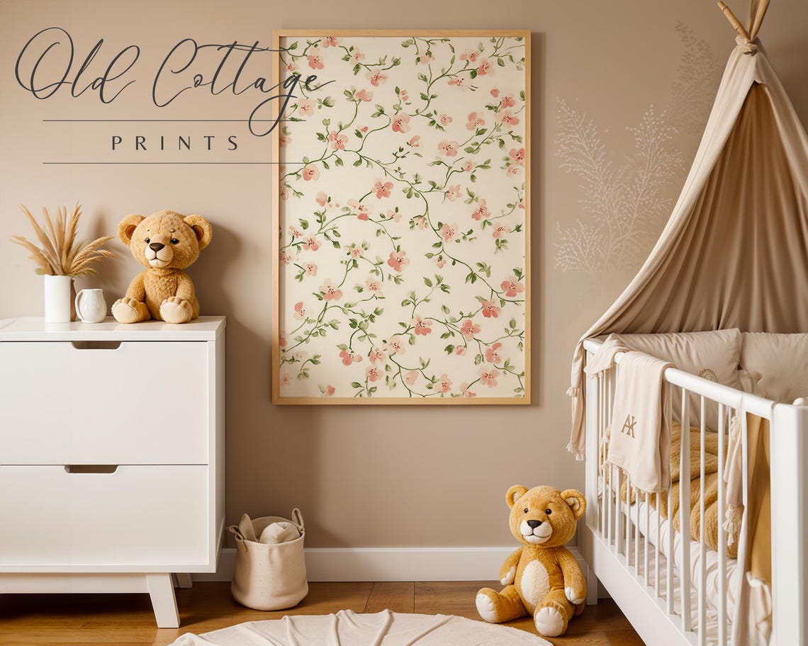 Soft Pink Floral Vine Pattern On Cream Vintage Cottage Wall Poster - Image 2