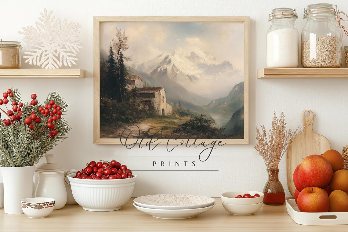 Snowcapped Alps Cottage Mountain Landscape Oil Painting Style Poster - Image 3