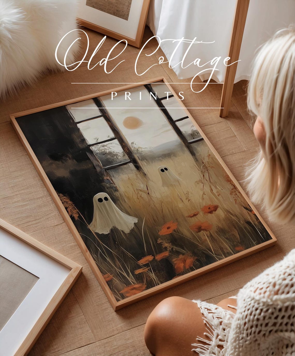 Two Ghosts in Tall Grass by Old Barn Cute Halloween Art Poster - Image 3
