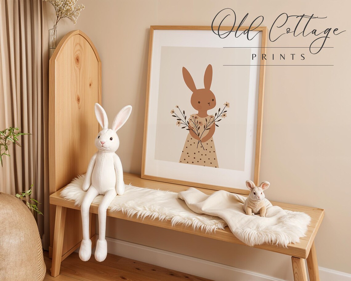 Sweet Bunny with Wildflowers Neutral Girls Room Illustration Poster - Image 4