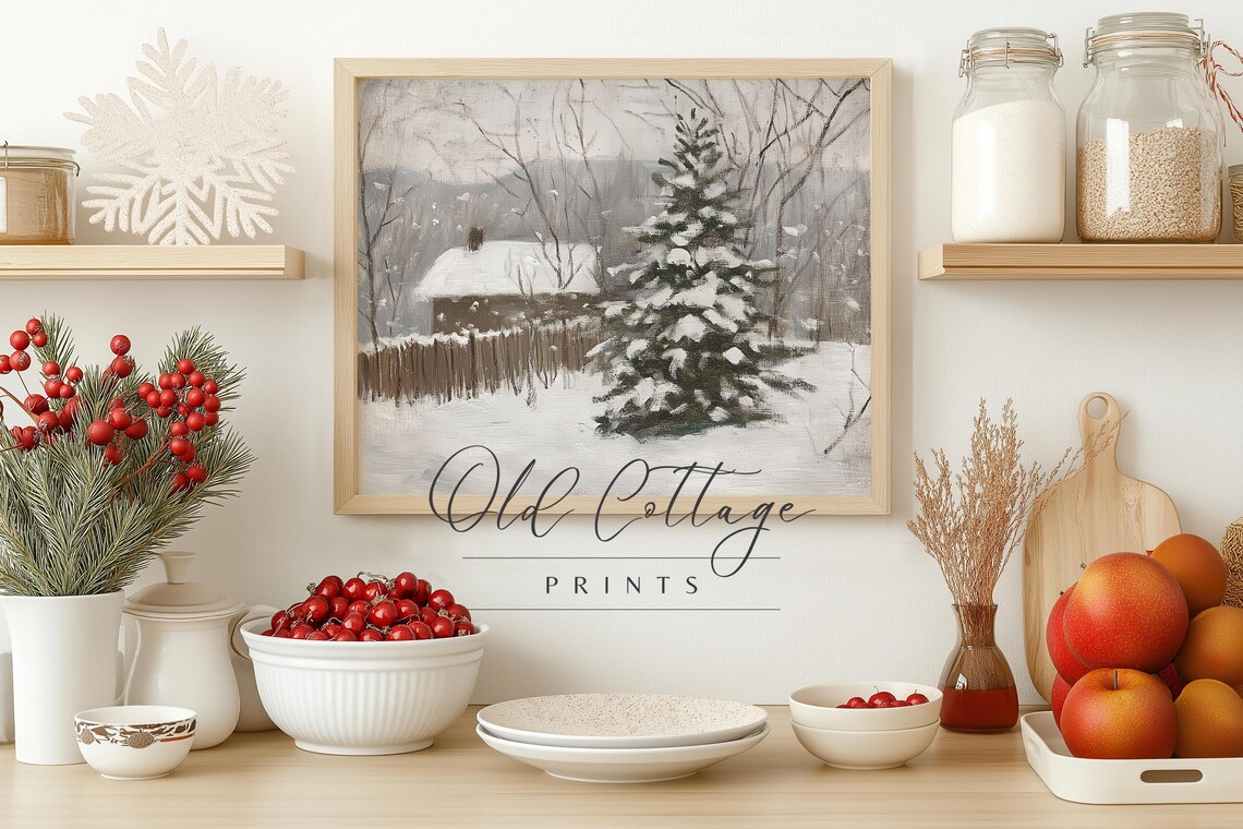 Snowy Winter Cabin Pine Tree Falling Snow Vintage Style Landscape Poster - Image 2