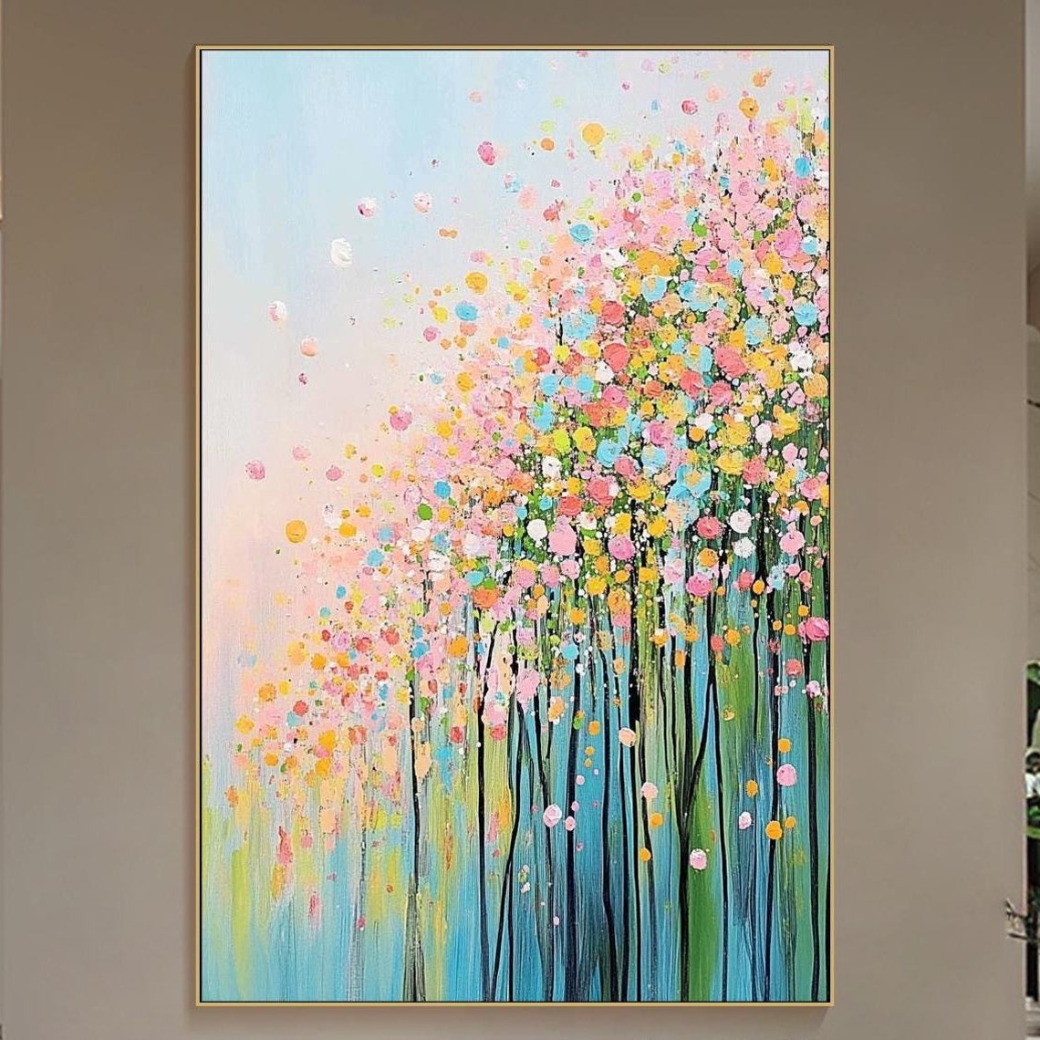 Confetti Blossom Trees Pink Yellow Dots Textured Oil Painting Wall Art