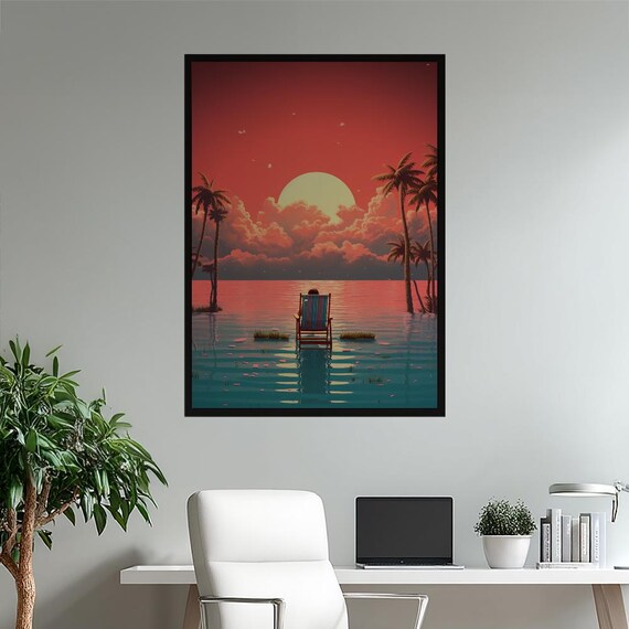 Tropical Sunset Beach Chair Art Print Vaporwave Wall Decor Serene Escapism Poster Relaxing Home Gift For Her