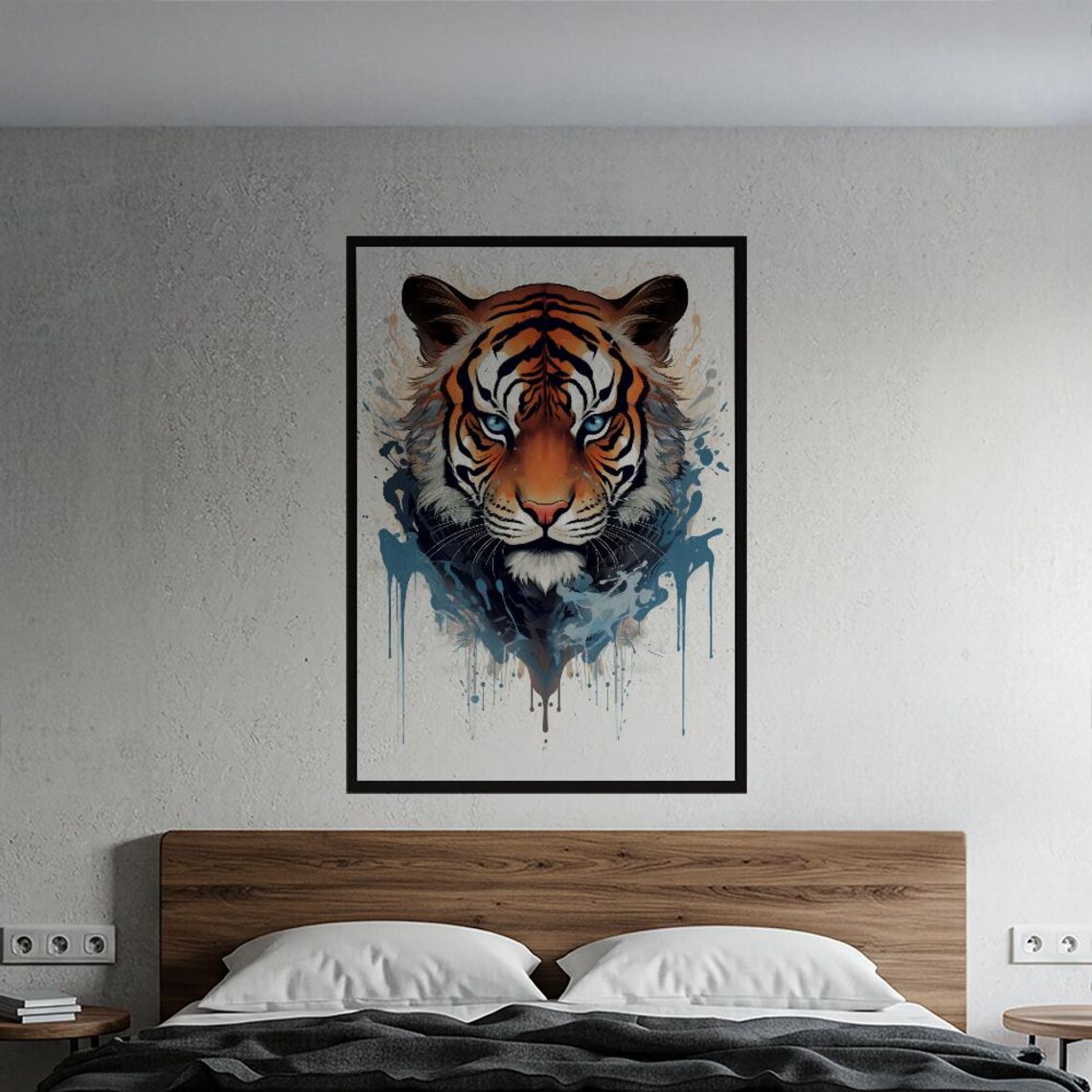 Blue Eyed Tiger Watercolor Splatter Realistic Wildlife Art Poster