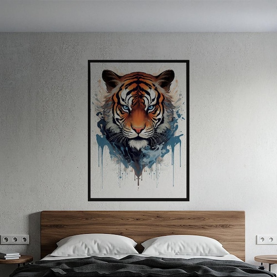 Blue Eyed Tiger Watercolor Splatter Realistic Wildlife Art Poster