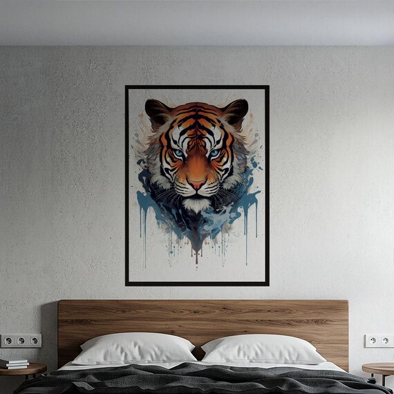 Vibrant Tiger Poster With Blue Eyes Watercolor Splatter Art Modern Animal Print Dynamic Big Cat Wall Decor Bold Home