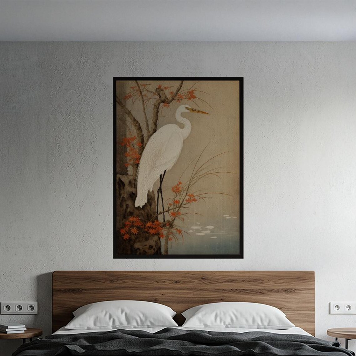 Japanese White Egret Autumn Maple Ukiyo E Style Zen Nature Poster