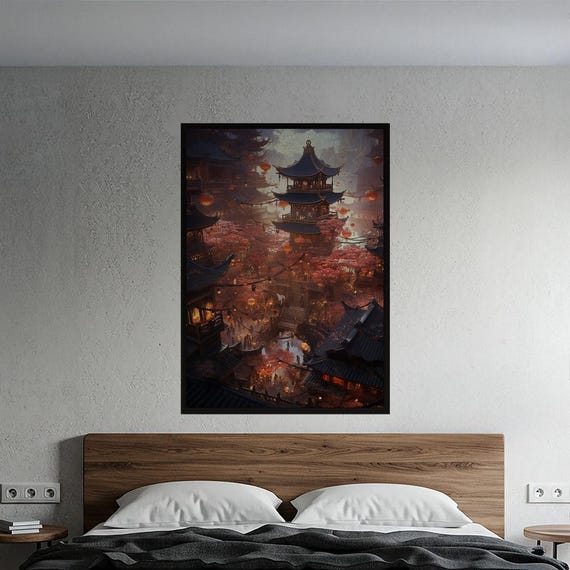 Enchanting Asian Fantasy City Matte Poster Cherry Blossom Lantern Dreamscape Wall Art Serene Japanese Pagoda Landscape Print