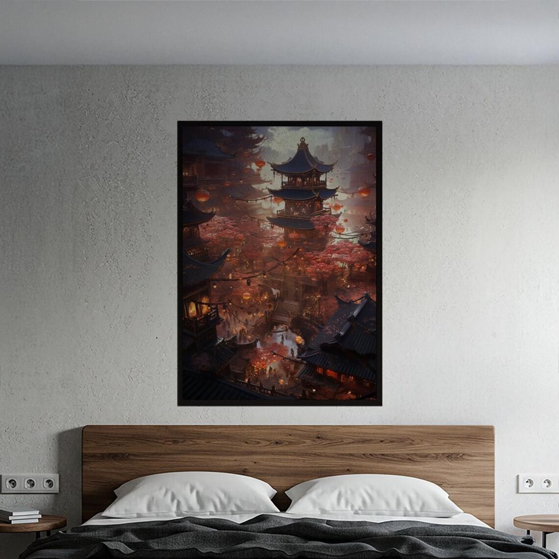 Enchanted Asian Pagoda City With Lanterns Cherry Blossom Night Poster