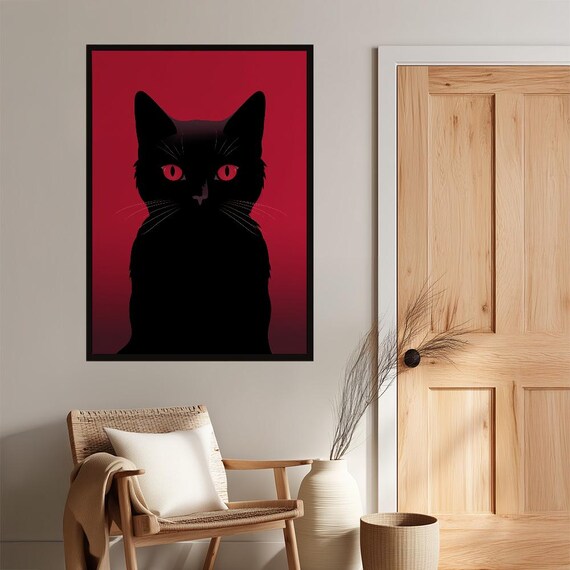 Striking Black Cat Poster With Piercing Red Eyes Modern Minimalist Feline Wall Art Bold High Contrast Decor For Lovers Edgy Home