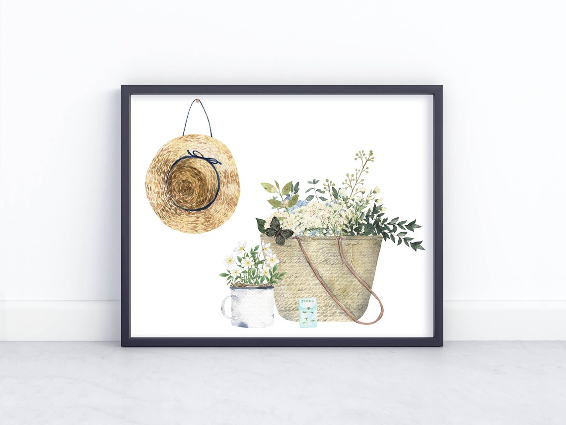 Straw Hat Market Tote Wildflowers Watercolor Garden Decor Poster - Image 4