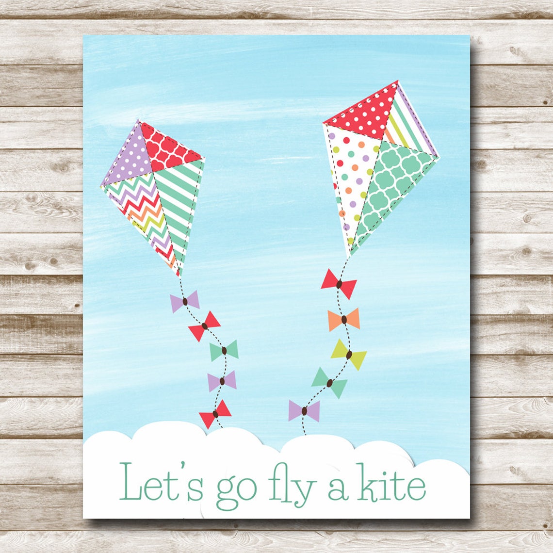 Colorful Patchwork Kites Lets Go Fly a Kite Nursery Kids Art Print - Image 4
