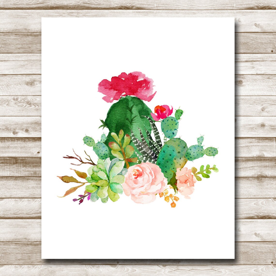 Blooming Cactus and Succulent Watercolor Arrangement Art Poster - Image 4