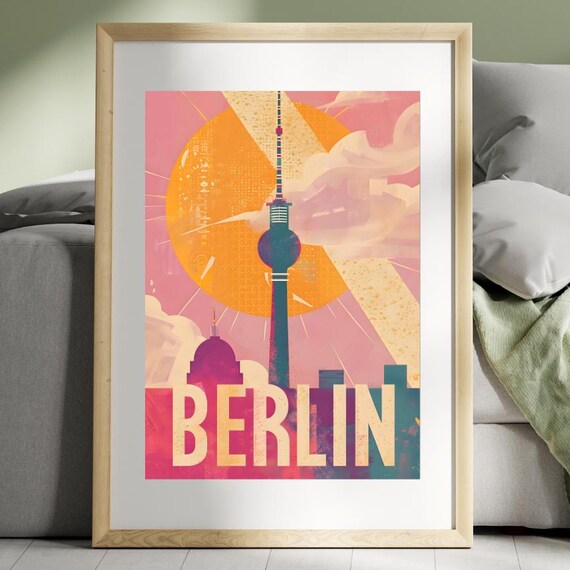 Berlin Fernsehturm TV Tower Sunset Retro Vintage Travel Poster