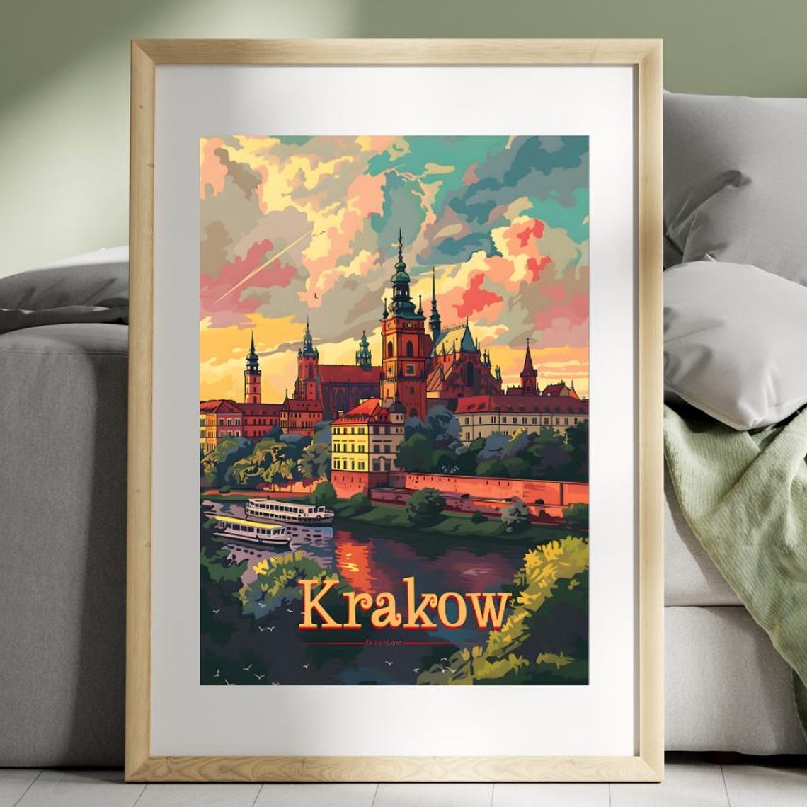 Krakow Old Town Riverside Castle Sunset Vintage Travel Poster
