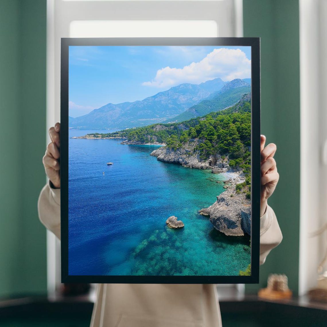 Turquoise Bay Rocky Coastline Cliffs And Green Mountains Photo Poster - Image 5