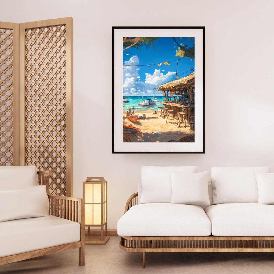 Tropical Beach Bar with Sailboats on Turquoise Waters Poster - Image 3