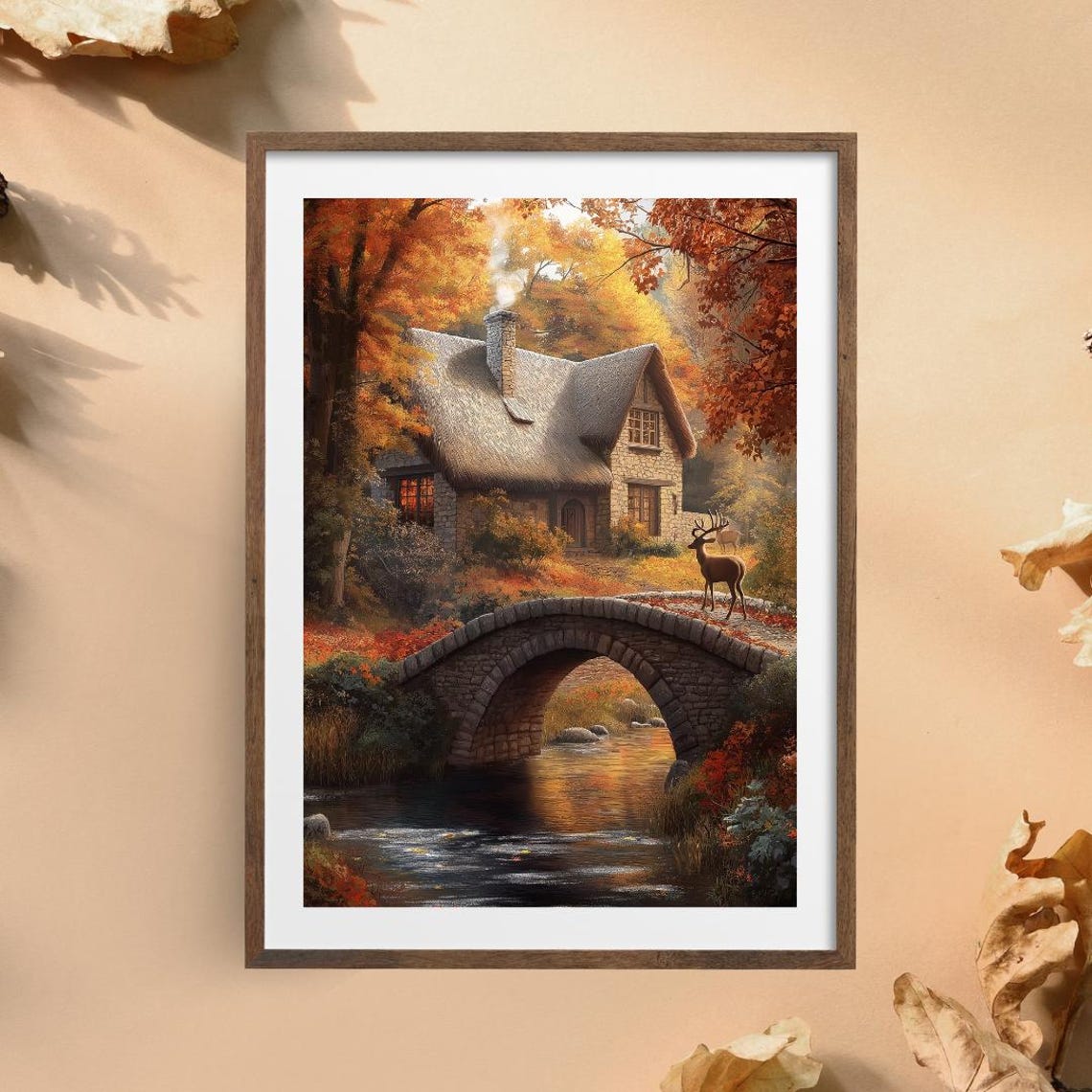 Thatched Stone Cottage By Autumn Bridge With Deer And Stream Poster