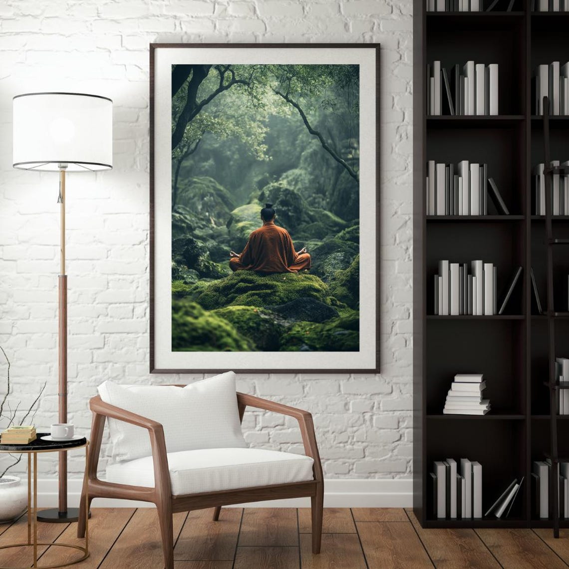 Monk Meditating in Mossy Green Forest Peaceful Zen Mind Poster - Image 4