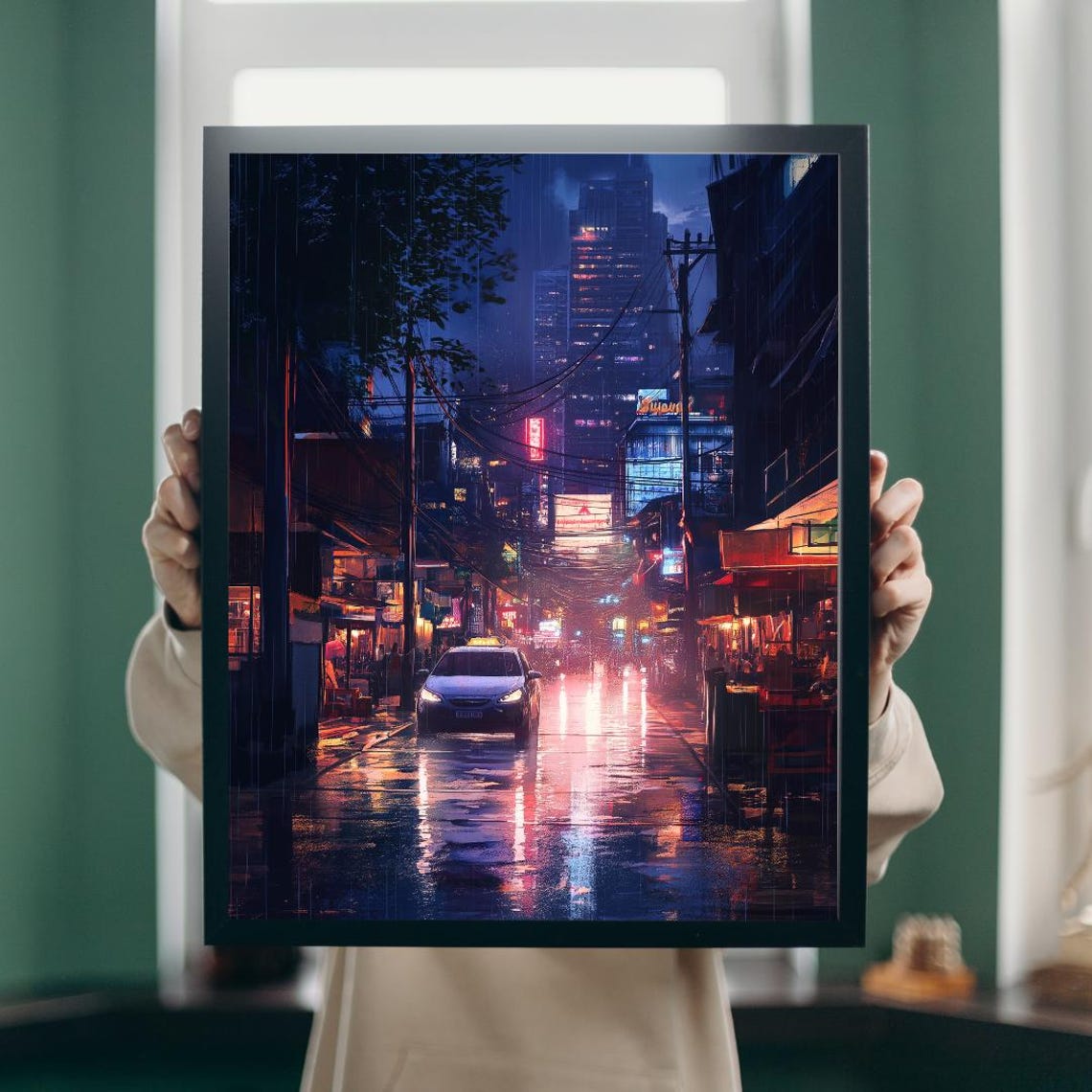 Rainy Neon City Night Street With Taxi And Wet Reflections Poster - Image 5
