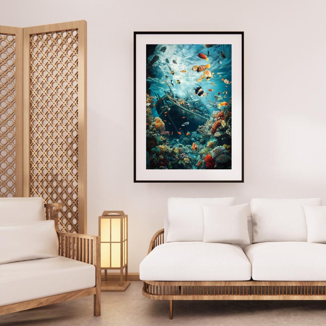 Sunken Ship Hull On Coral Reef With Tropical Fish Sunlight Poster - Image 3
