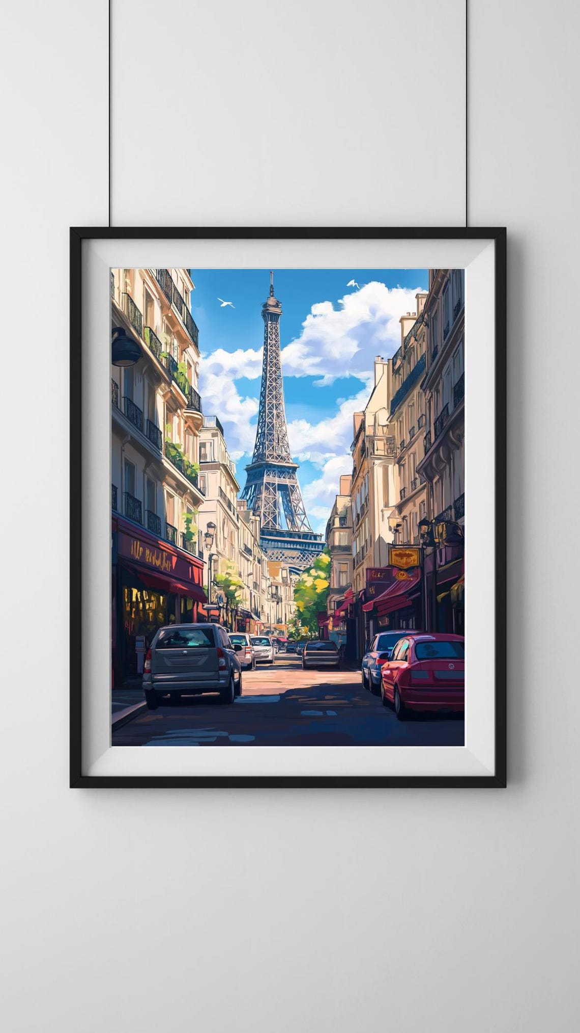 Eiffel Tower View Down Charming Paris Street Illustrated Poster