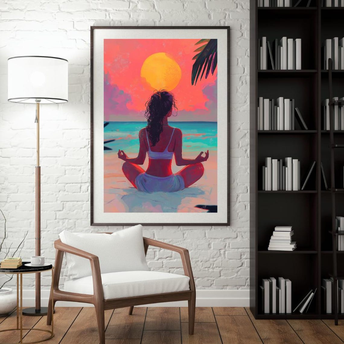 Woman Meditating Facing Giant Sunset Over Ocean Illustrated Poster - Image 4