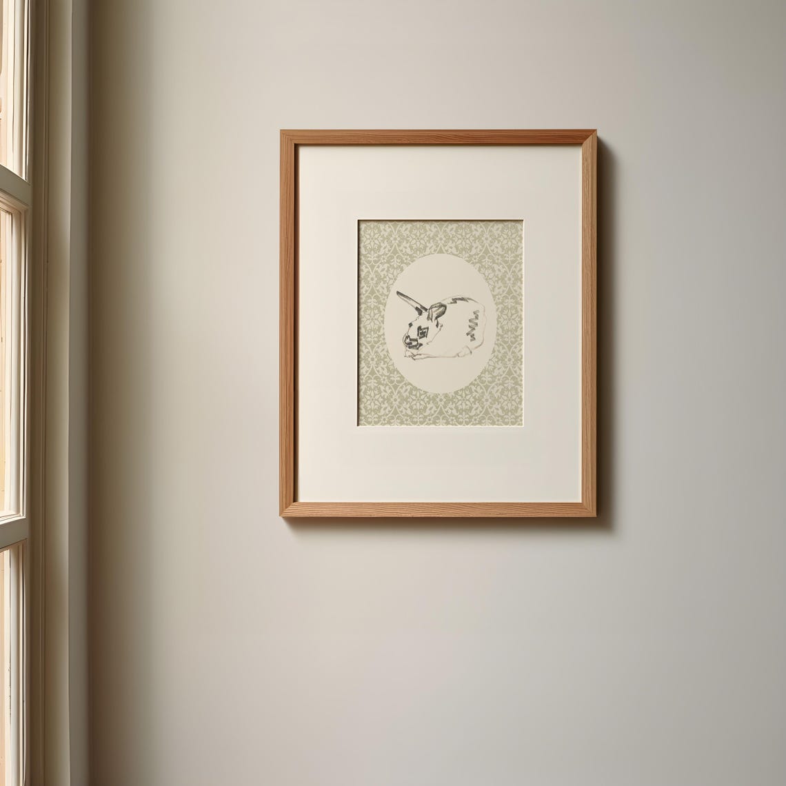Cute Rabbit Sketch Oval Medallion Sage Green Damask Wall Art - Image 2