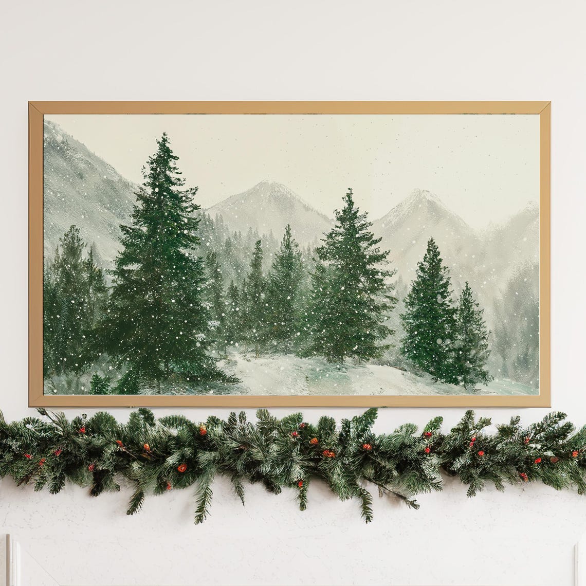 Snowy Winter Evergreen Pine Forest Mountain Landscape Art Poster - Image 4