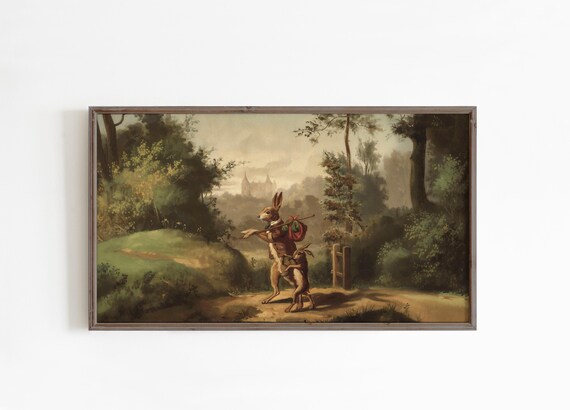 Vintage Hares Walking Forest Path Church Spire Oil Painting Poster