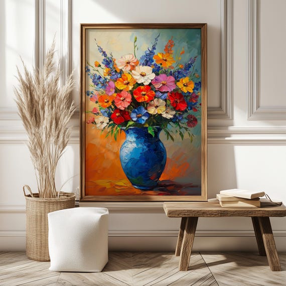 Colorful Floral Vase Wall Art Impressionist Flower Painting Print Vibrant Botanical Poster Modern Cottagecore Decor Bold Home Artwork