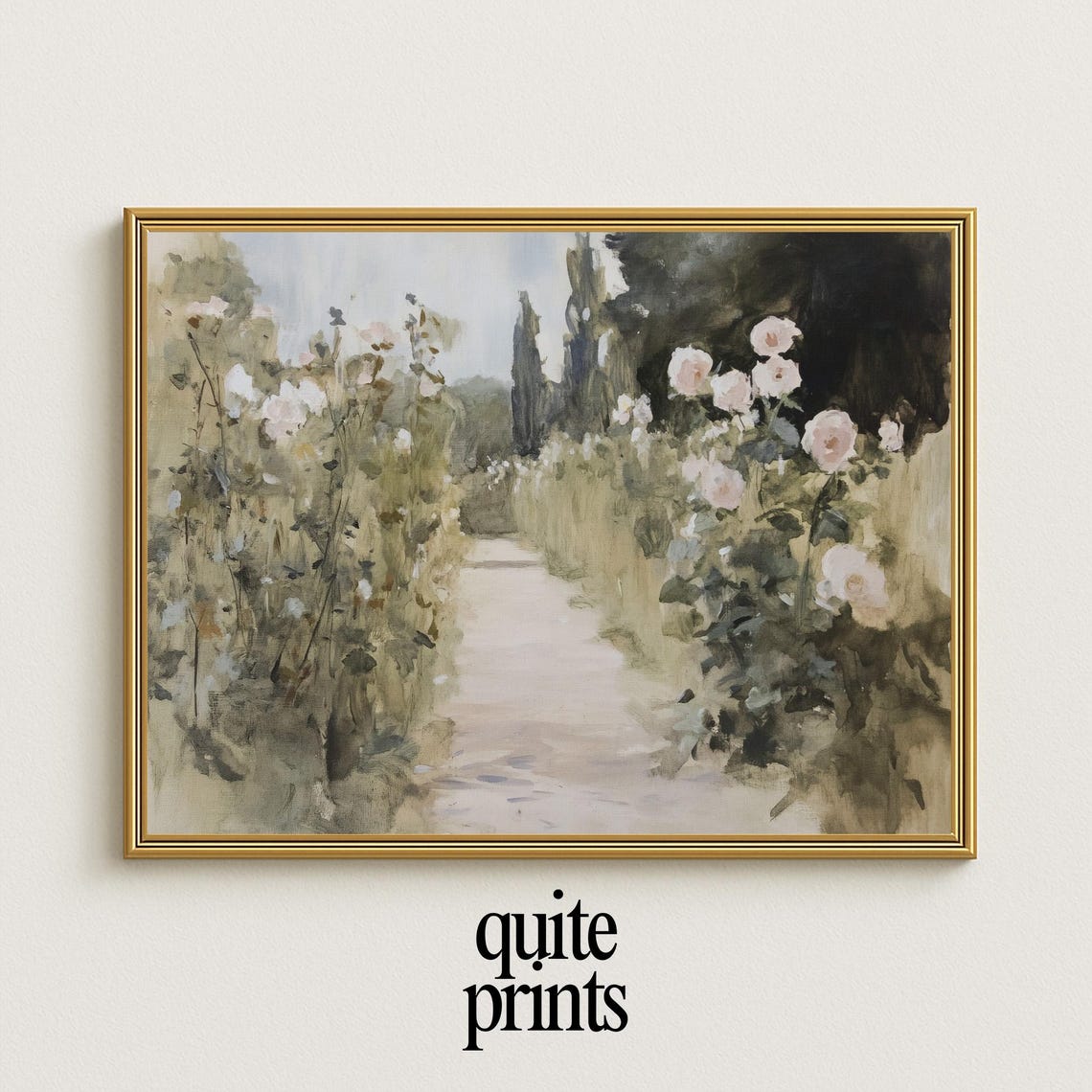 Rose Garden Path Pink Roses Cypress Trees Romantic Cottage Poster