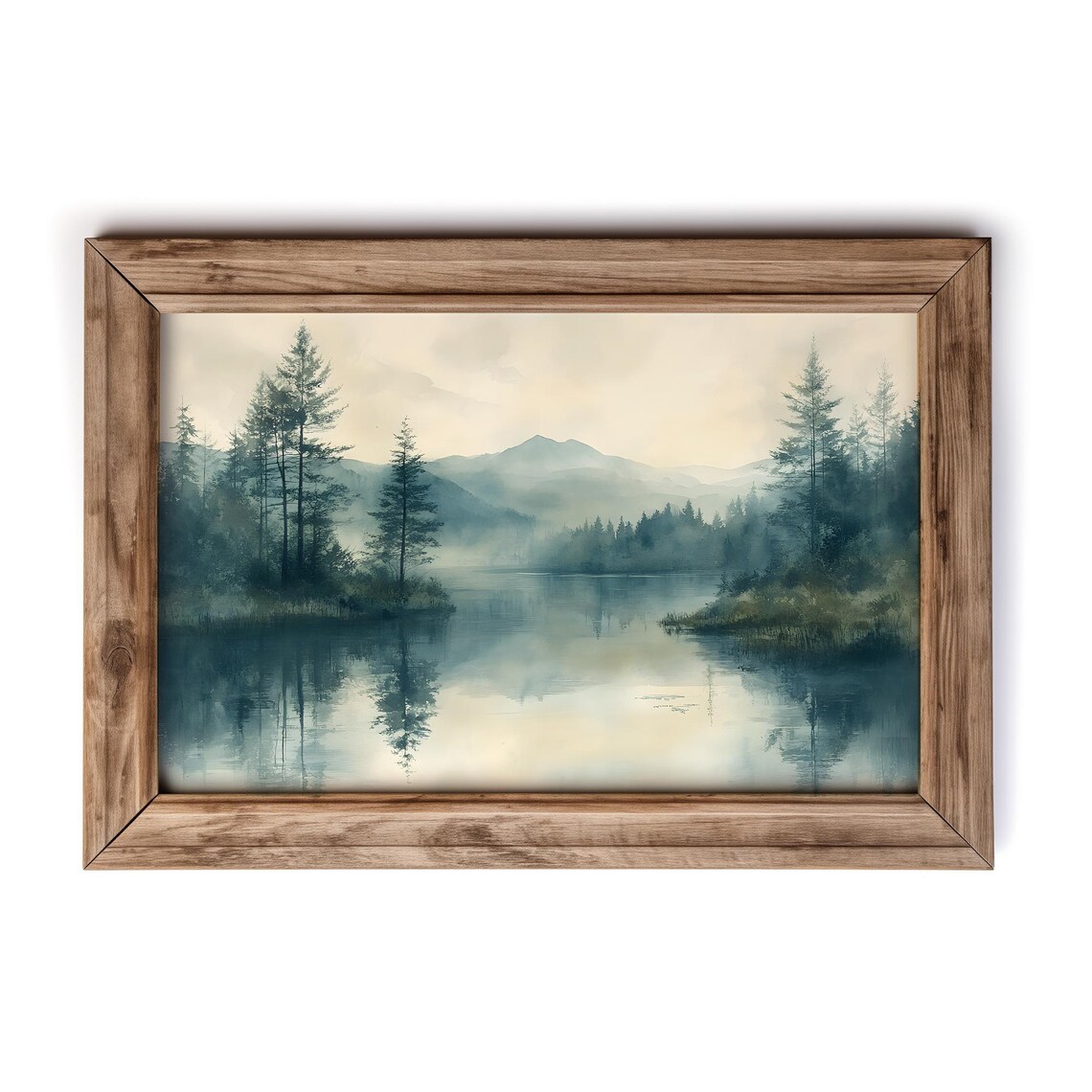 Moody Mountain Lake Reflection Pine Forest Watercolor Landscape Poster