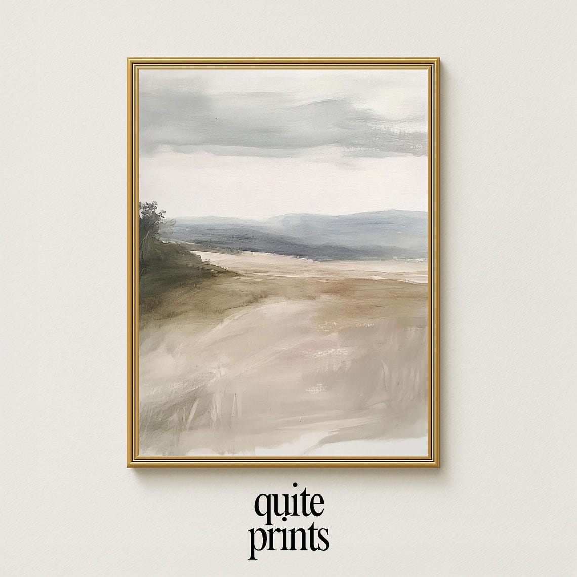 Muted Coastal Watercolor Landscape Soft Gray Sky Serene Print