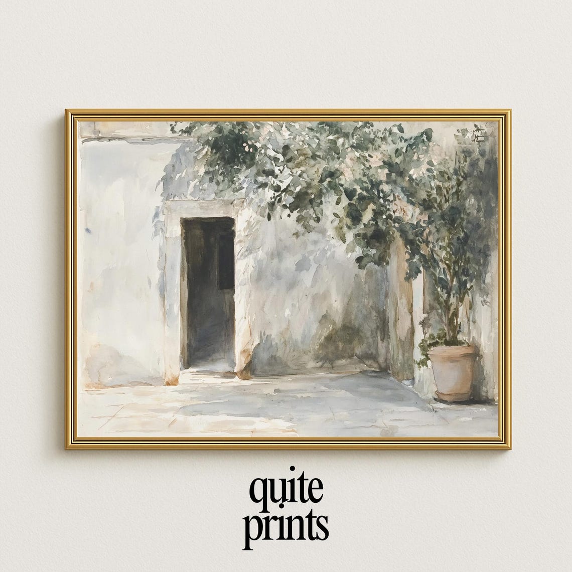 Mediterranean Courtyard Poster Rustic Potted Plants Neutral Art