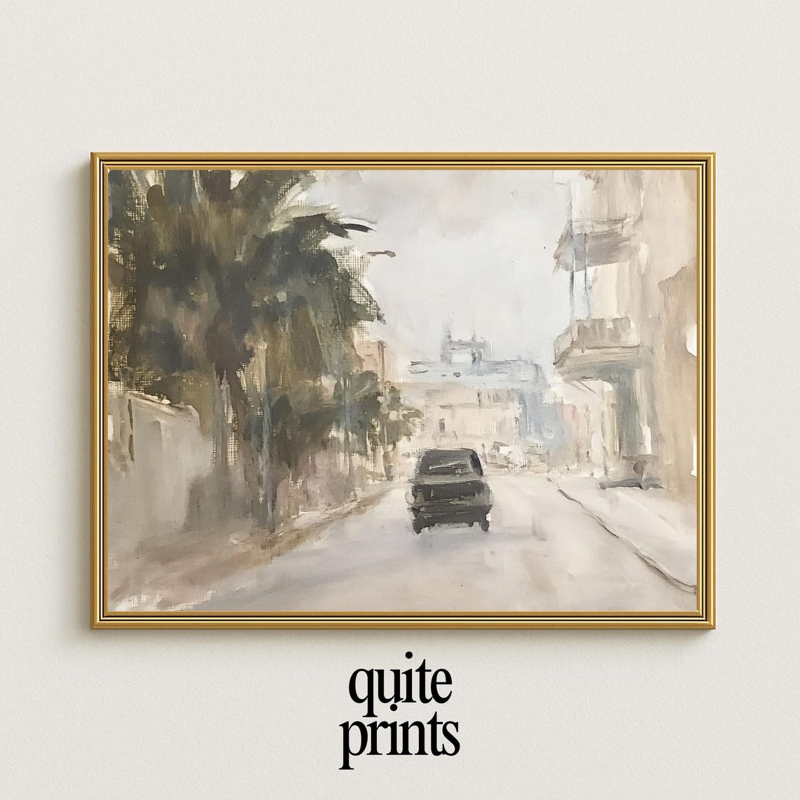 Palm Tree Lined City Street Vintage Car Muted Impressionist Poster