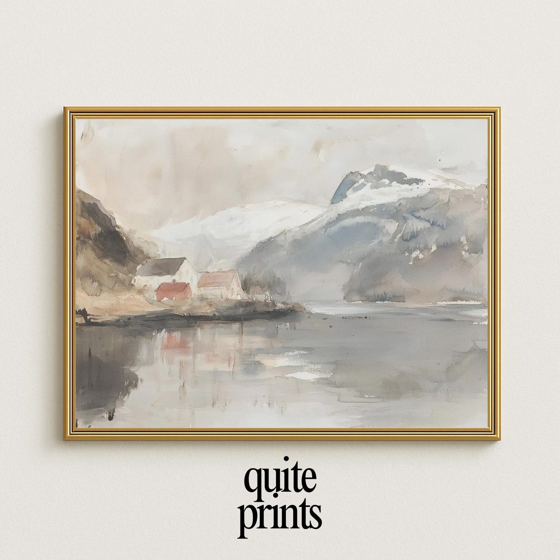 Misty Lakeside Cabins Mountain Water Reflection Watercolor Print