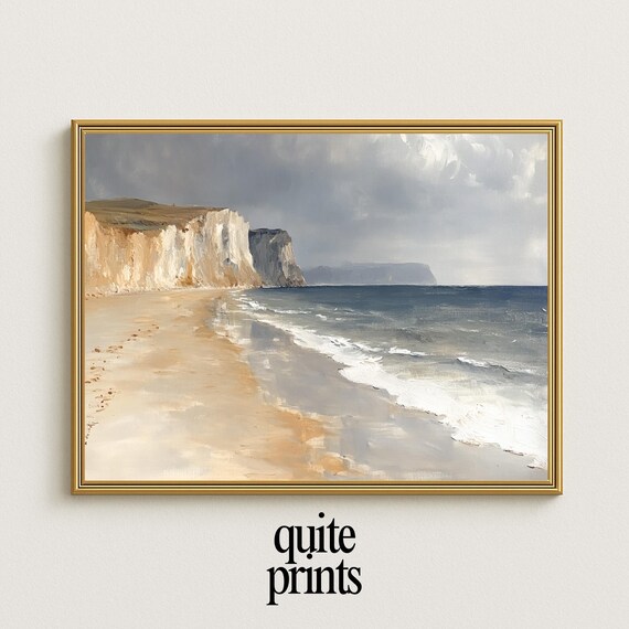 White Coastal Cliffs Sandy Beach Serene Neutral Seascape Oil Poster