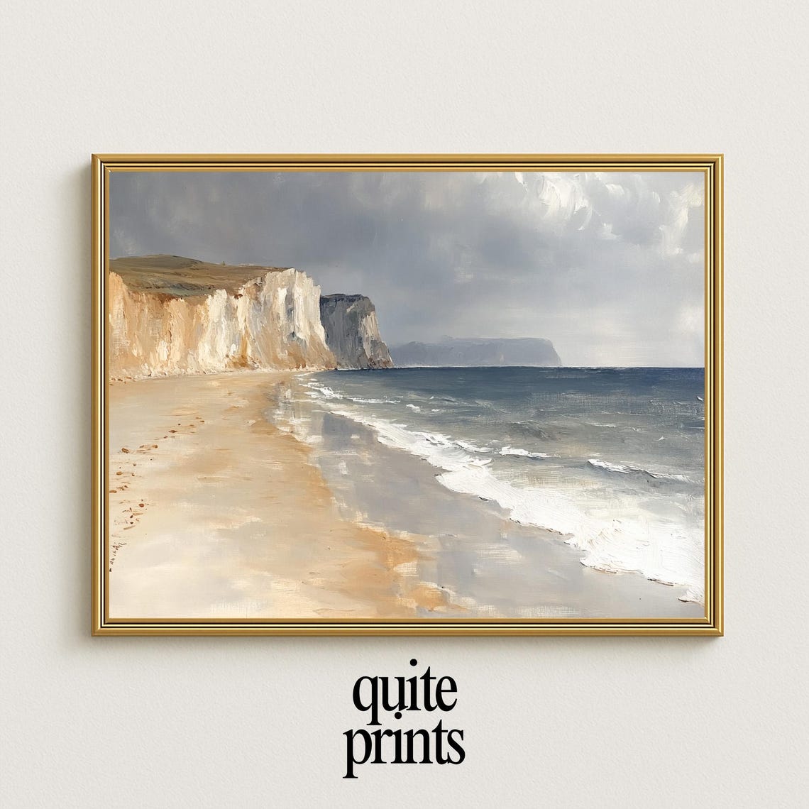 White Coastal Cliffs Sandy Beach Serene Neutral Seascape Oil Poster