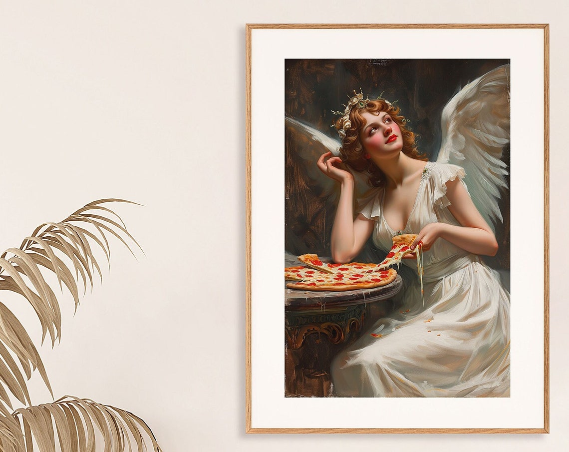 Beautiful Angel With Wings Enjoying a Pepperoni Pizza Poster