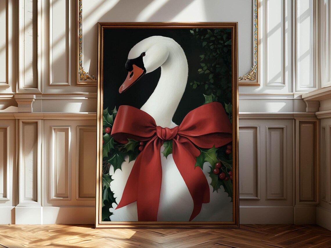 White Swan Wearing Giant Red Satin Bow With Holly Christmas Art Poster