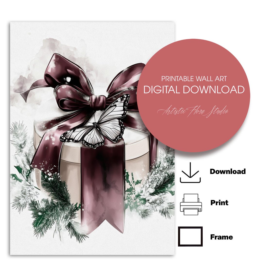 Dark Plum Bow Watercolor Christmas Gift Box With Butterfly Art Poster - Image 4