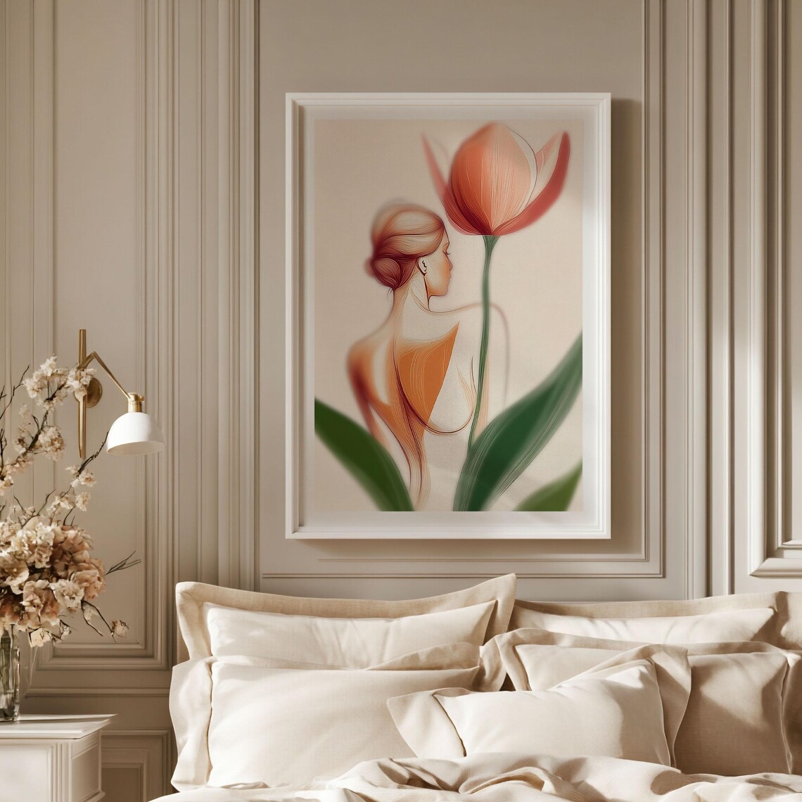 Woman Tulip Line Art Feminine Aesthetic Pink Floral Wall Poster - Image 2