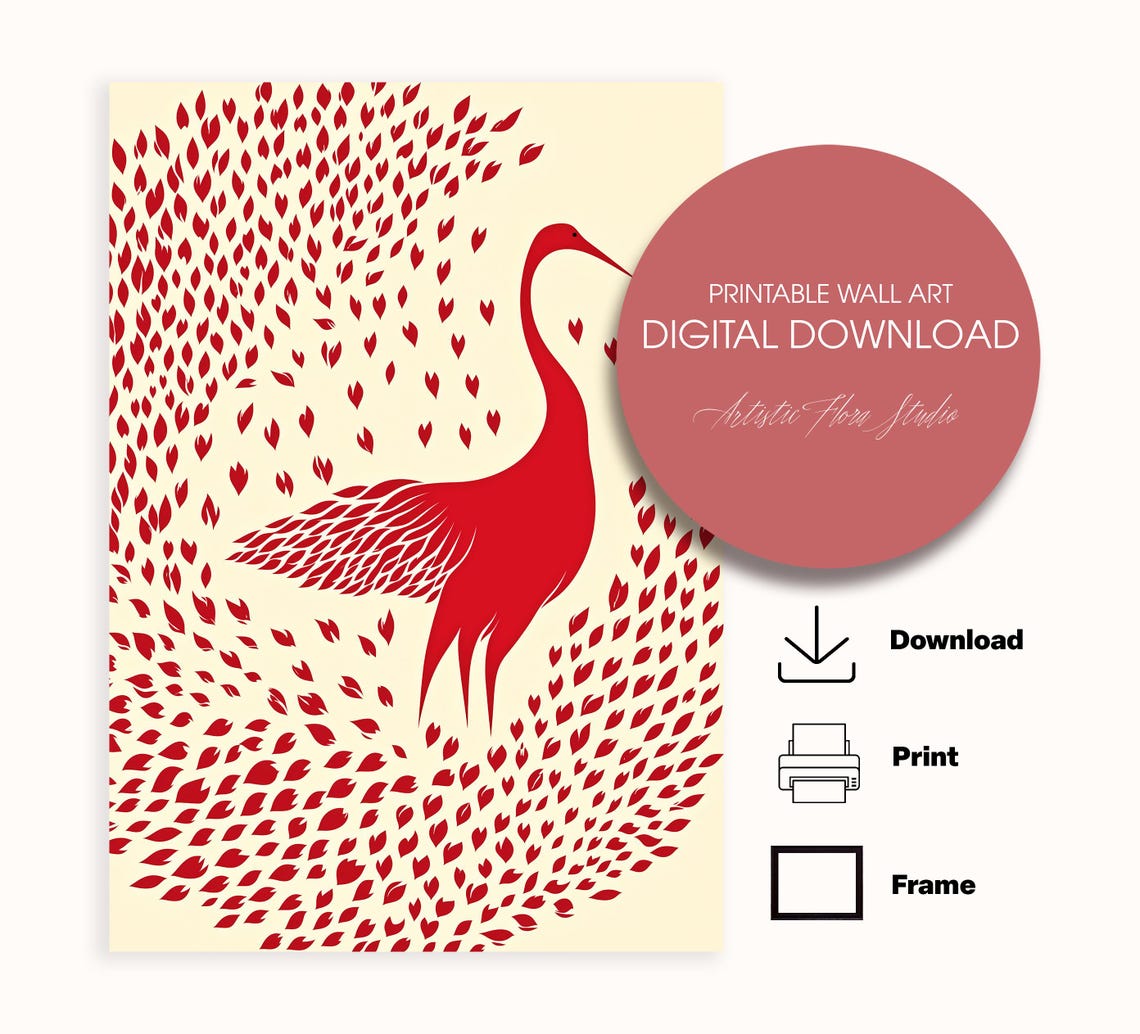 Graceful Red Crane Bird Among Petal Shower Elegant Abstract Poster - Image 3