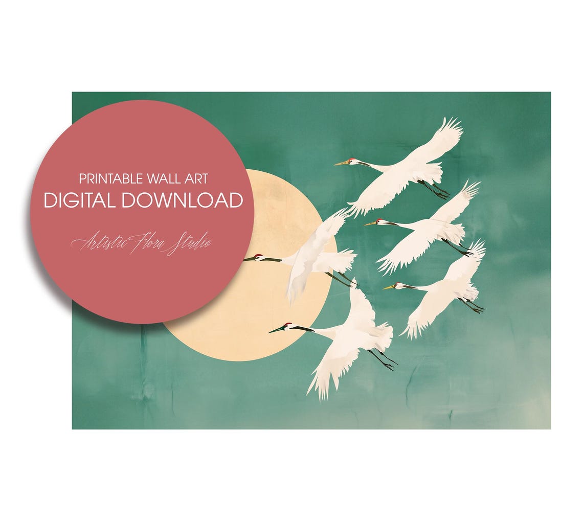 Flying White Cranes Over Gold Moon Japandi Teal Style Poster - Image 2