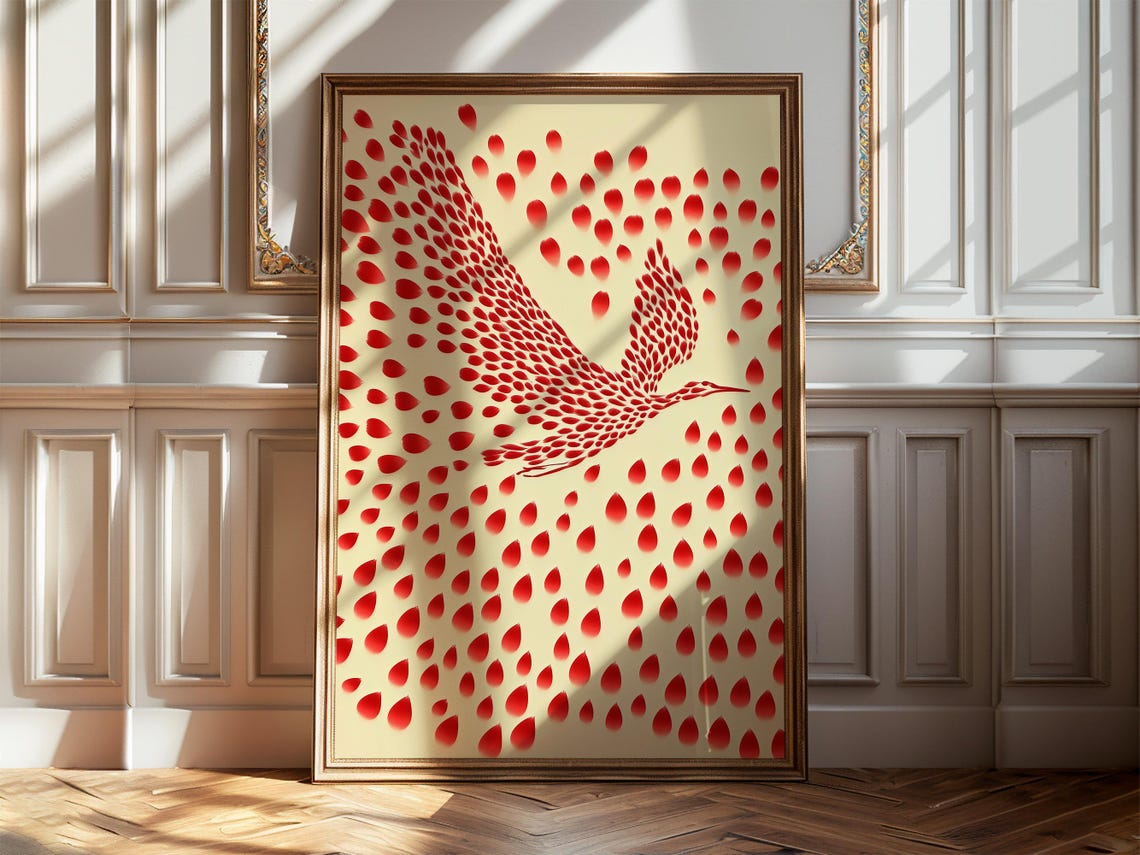 Flying Bird Red Petal Mosaic Dot Art Cream Abstract Wall Poster