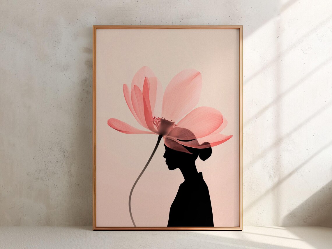 Woman Silhouette Pink Cosmos Flower Bloom Feminine Abstract Poster