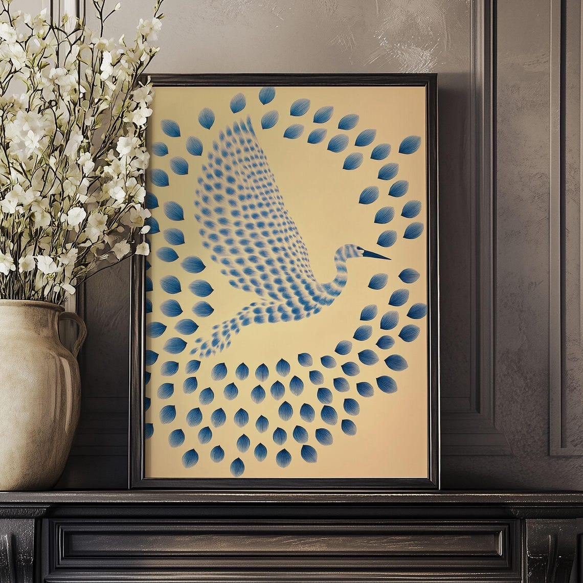Blue Flying Crane Dot Mosaic Artwork Abstract Bird Wall Poster - Image 4
