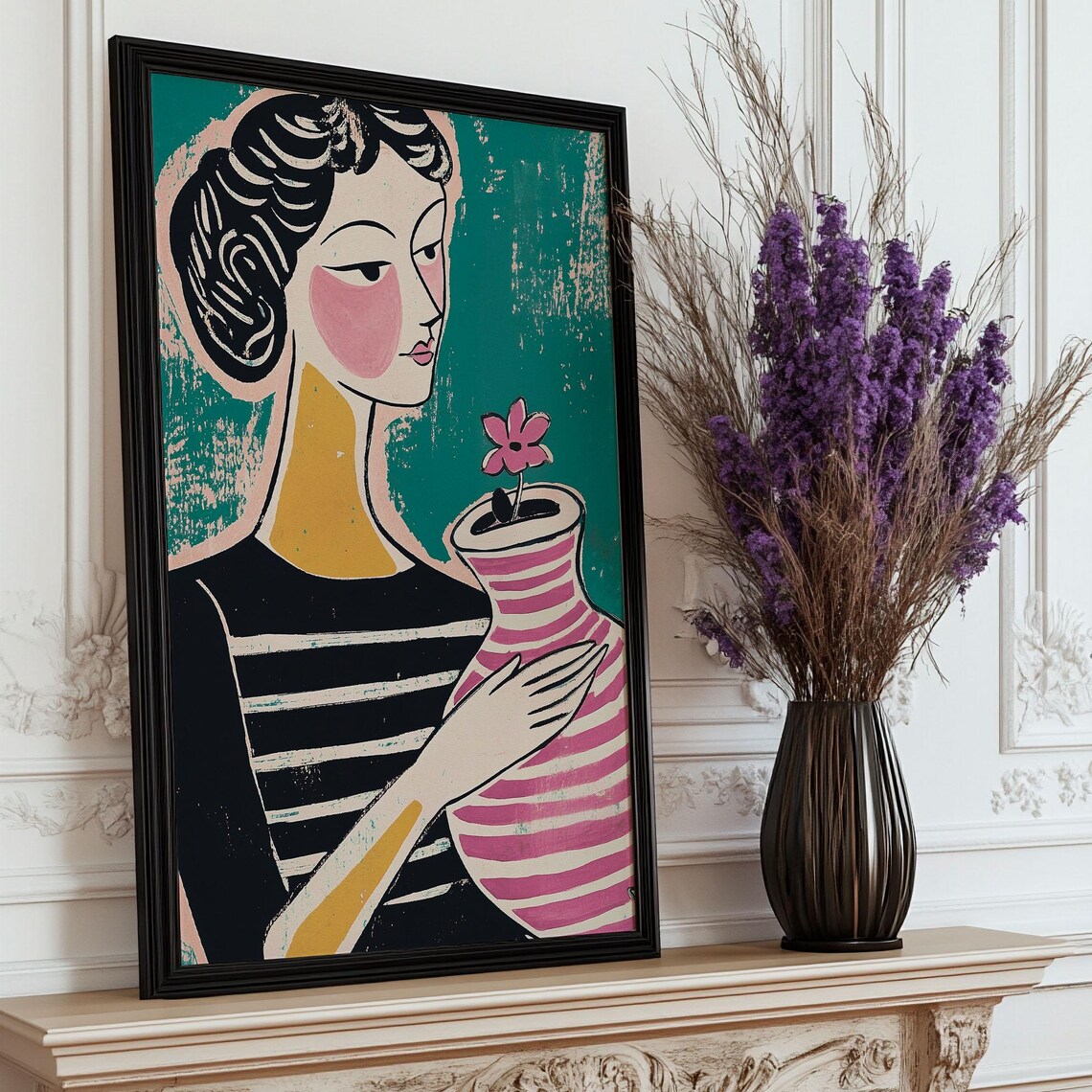 Woman In Breton Stripe Top Holding Pink Striped Flower Vase Poster - Image 5