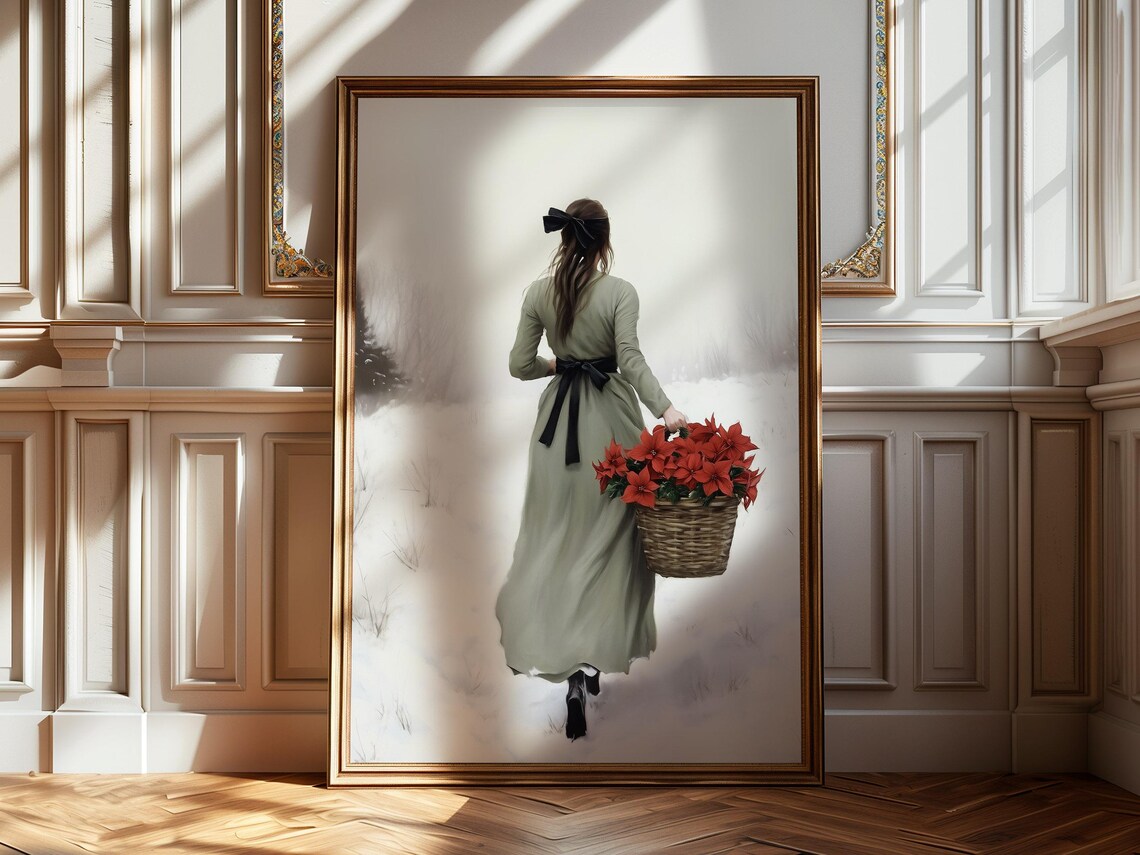 Woman Walking Through Snow With Basket of Red Poinsettias Poster - Image 5